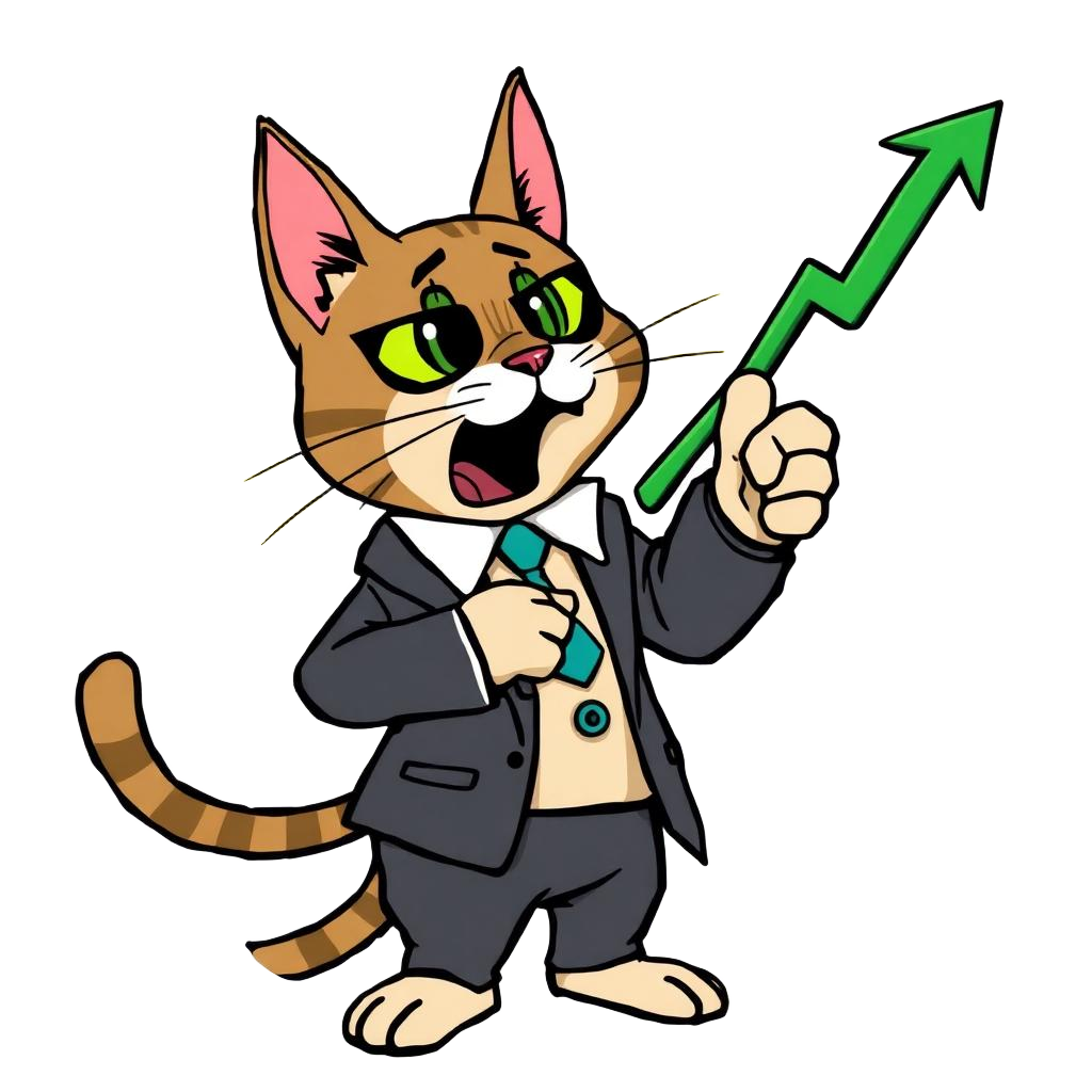 Stonkcat mascot pointing at green candle chart